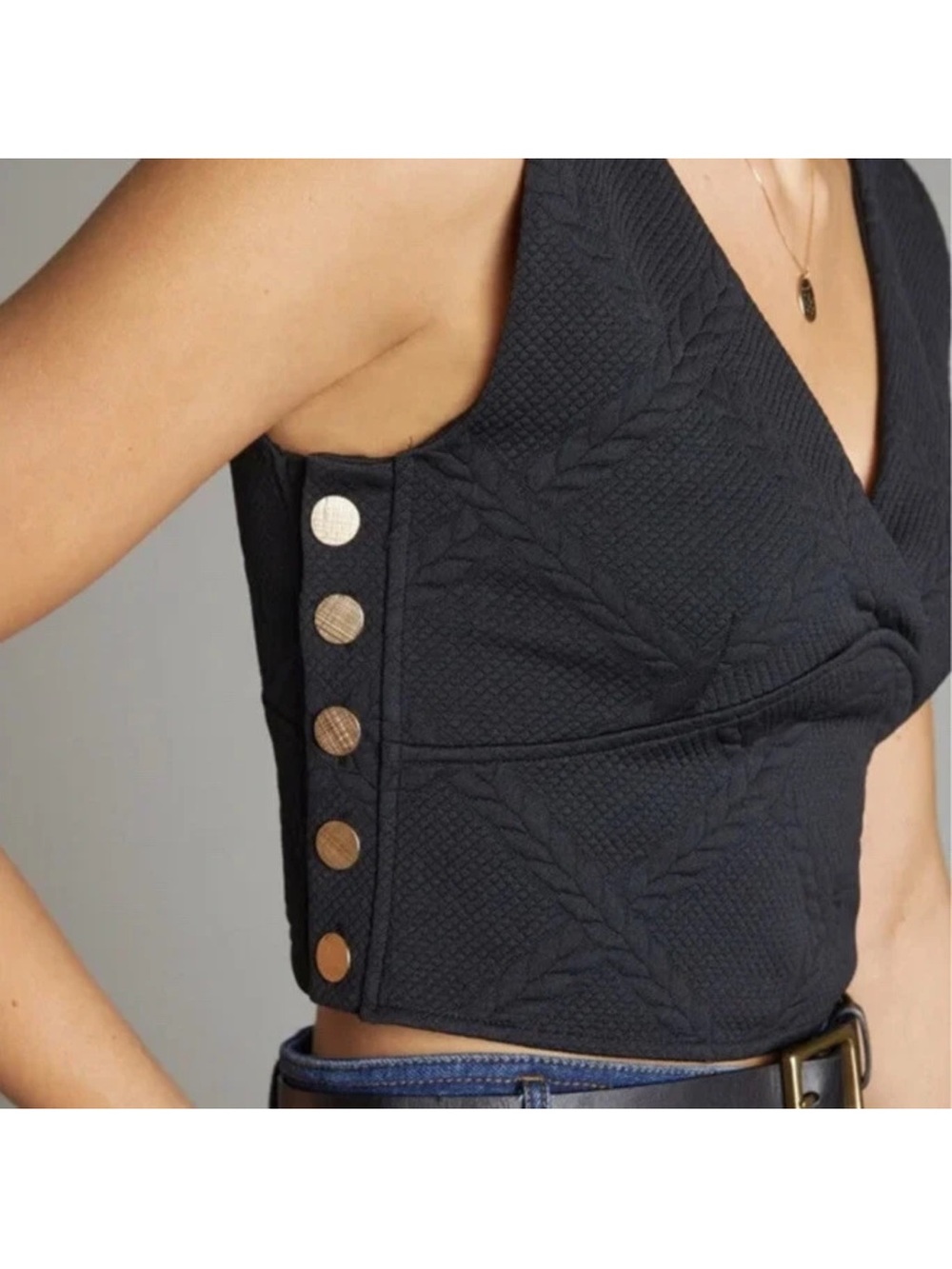 Anthropologie Maeve Black w/ Gold Button Side Crop Top Vest Womens Size X-Large